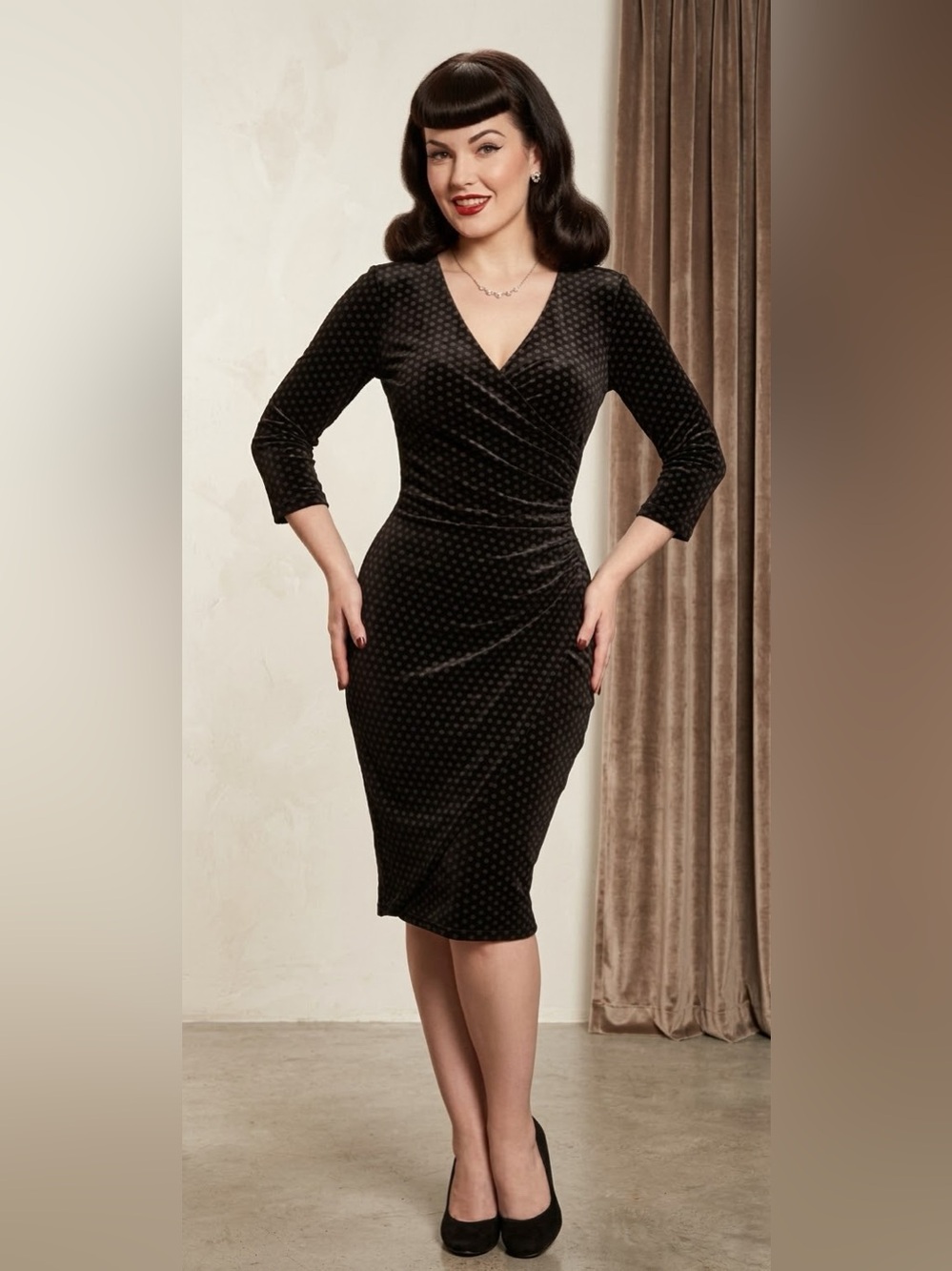 Rare Tatyana Black Polka Dot Wrap Dress, Velvety Material, XXS, EUC